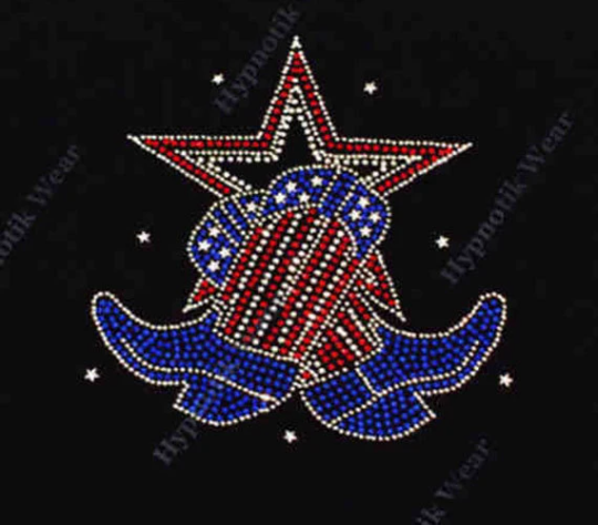 Rhinestone Transfer " Boots and Star 4th of July " Patriotic, Fireworks, Bling