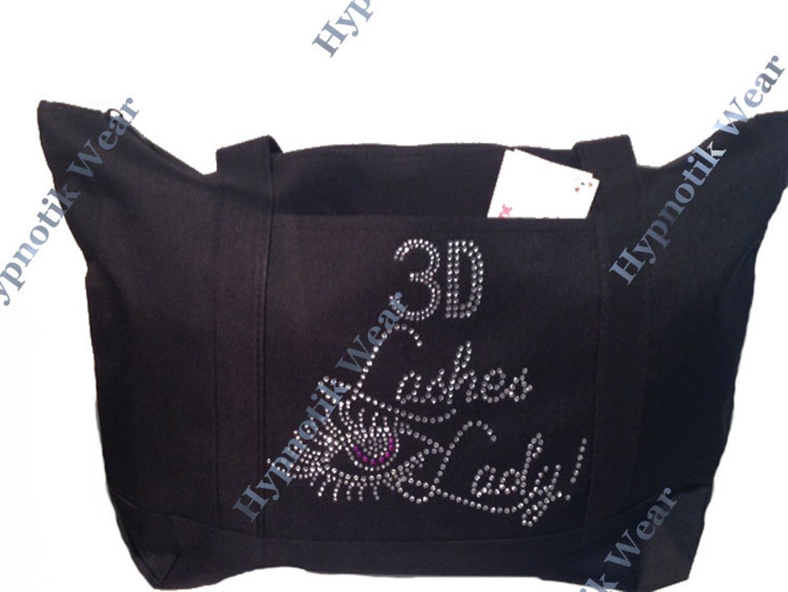 Rhinestone Sturdy Tote Bag with Zipper & Front Pocket " 3D Lashes Lady " Perfect for Make Up