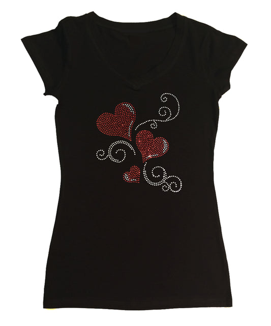Womens T-shirt with 3 Red Hearts and Swirls in Rhinestones