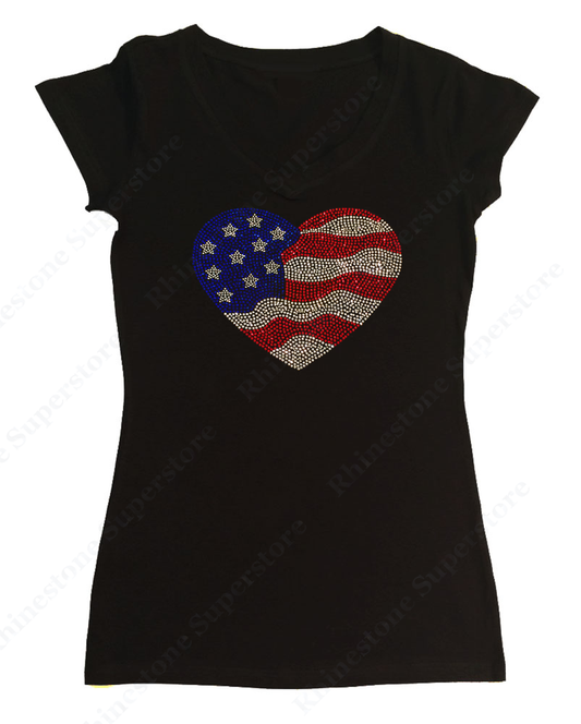 Womens T-shirt with 4th of July American Flag Heart in Rhinestones