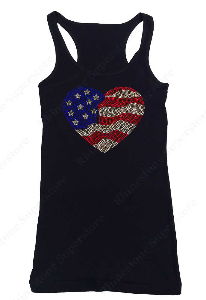 Womens T-shirt with 4th of July American Flag Heart in Rhinestones