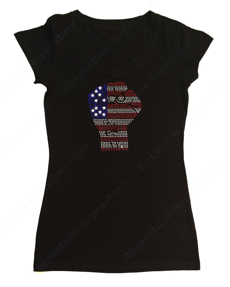Womens T-shirt with 4th of July Fist in Rhinestones