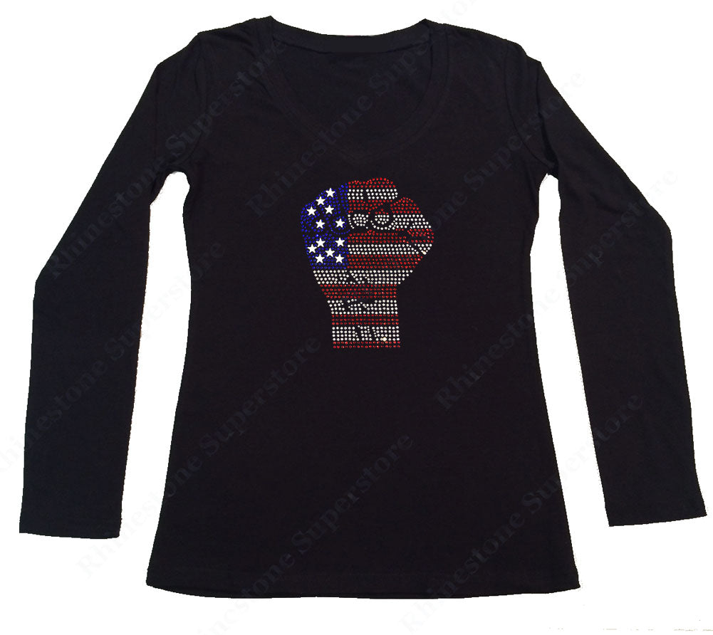 Womens T-shirt with 4th of July Fist in Rhinestones