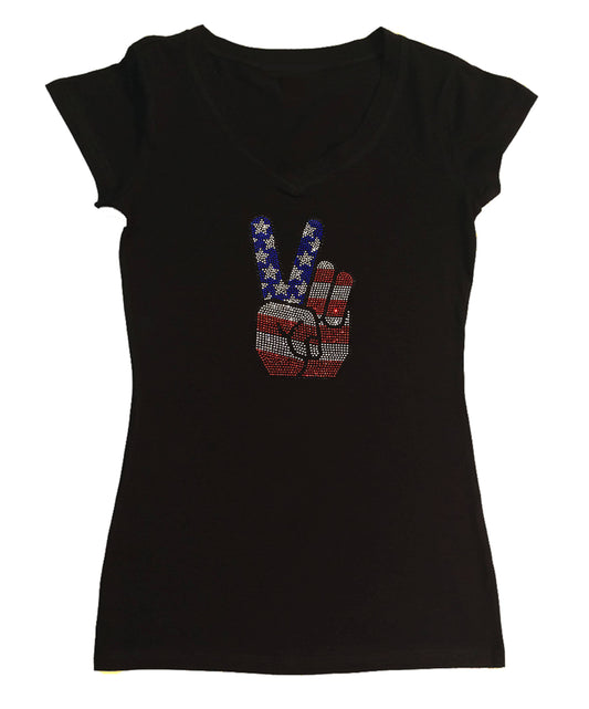 Womens T-shirt with 4th of July Hand Peace Sign in Rhinestones