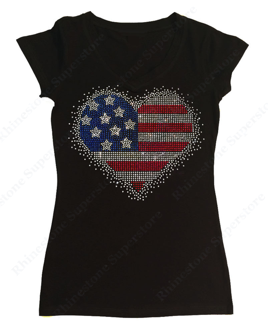 Womens T-shirt with Splash 4th of July Heart in Rhinestones