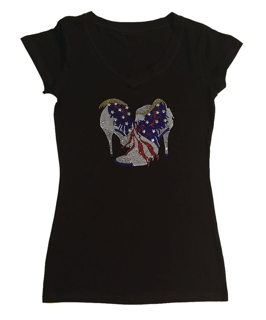 Womens T-shirt with 4th of July Heels in Rhinestones