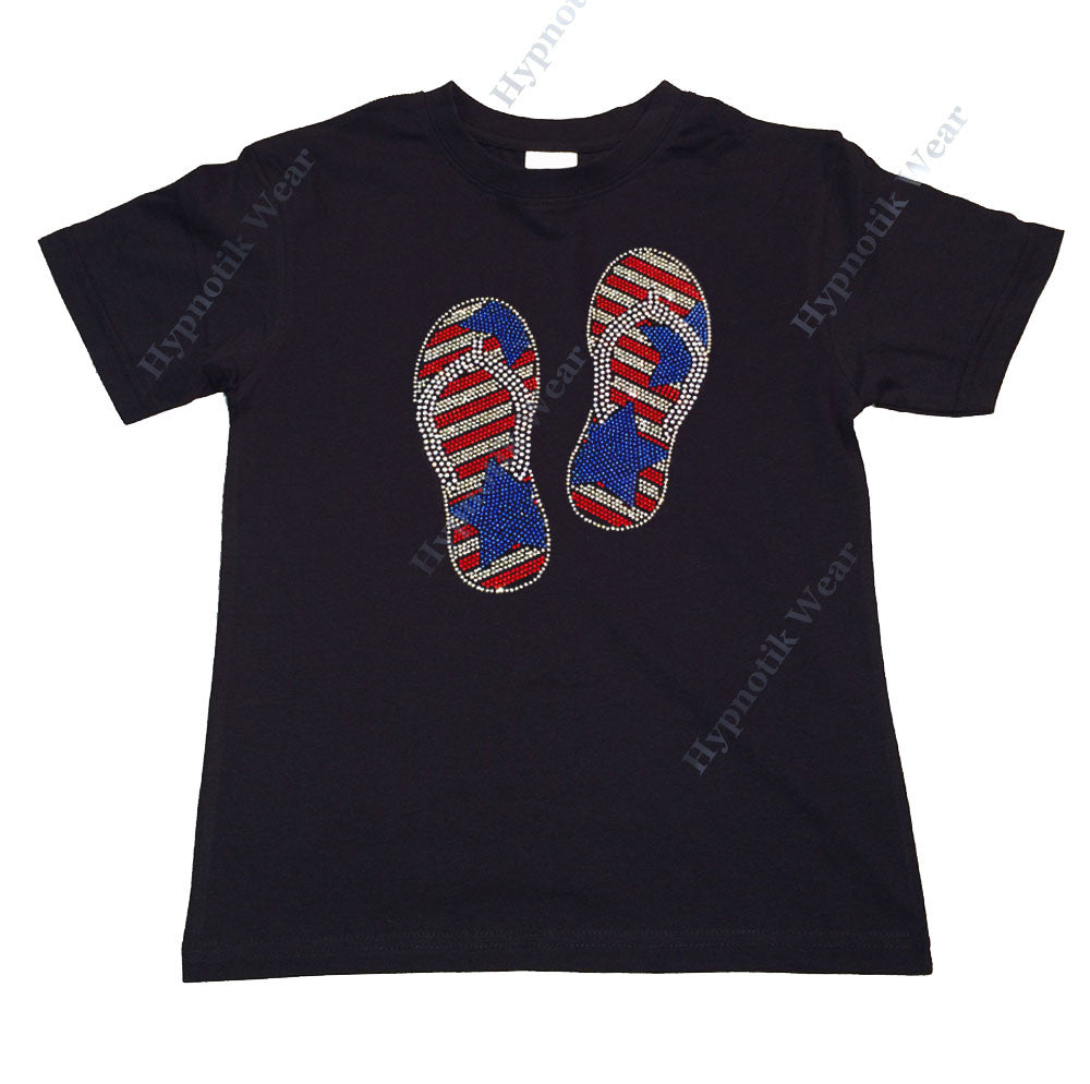 Girls Rhinestone T-Shirt " Patriotic Sandals " Vacation, 4th of July, Kids Size 3 to 14