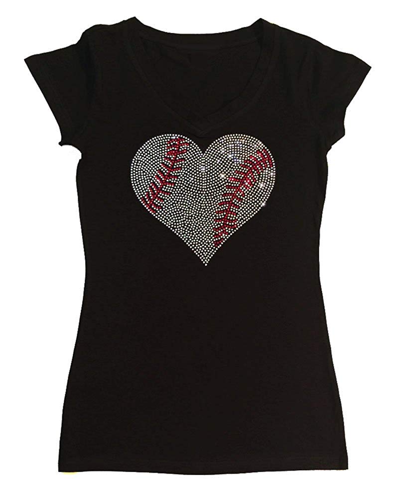 Womens T-shirt with Crystal Baseball Heart in Rhinestones