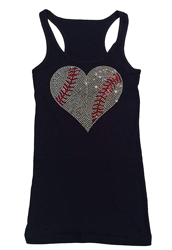 Womens T-shirt with Crystal Baseball Heart in Rhinestones