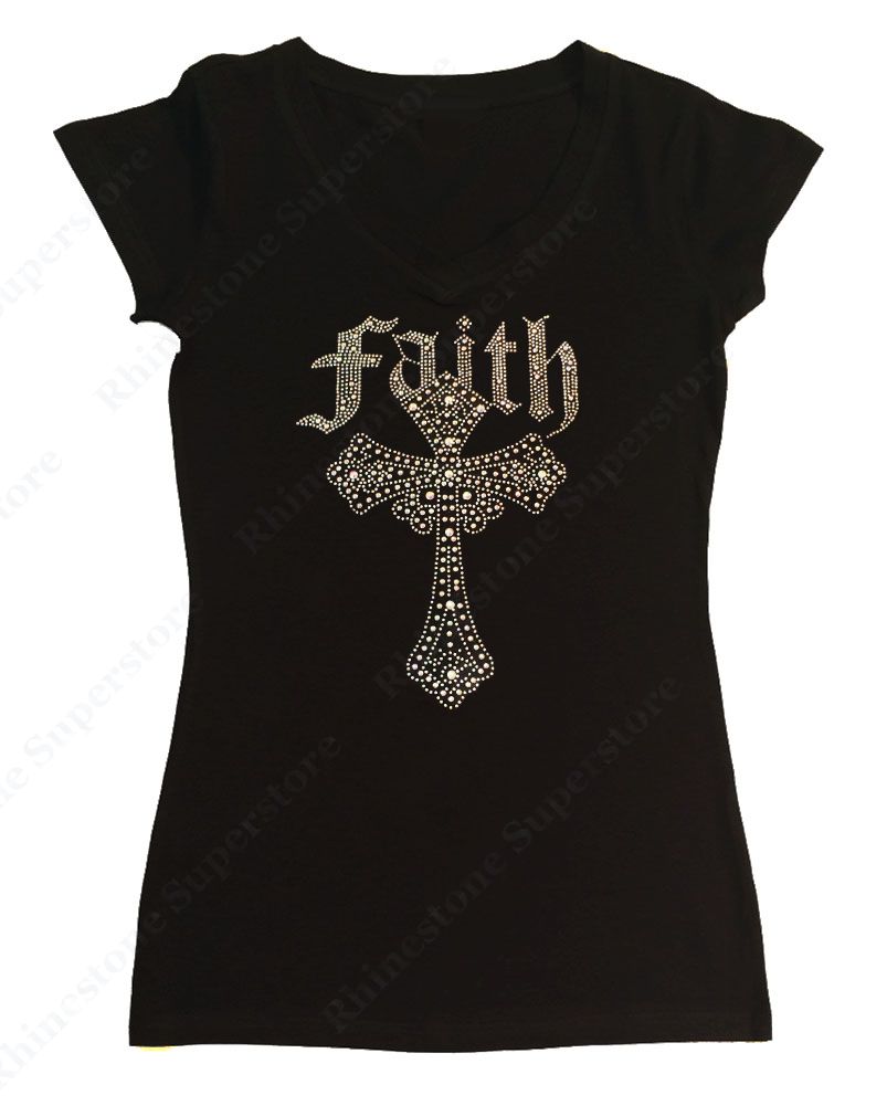 Womens T-shirt with AB Faith Cross in Rhinestones