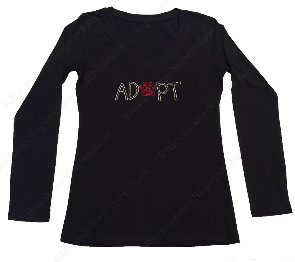 Womens T-shirt with Adopt with Red Paw in Rhinestones