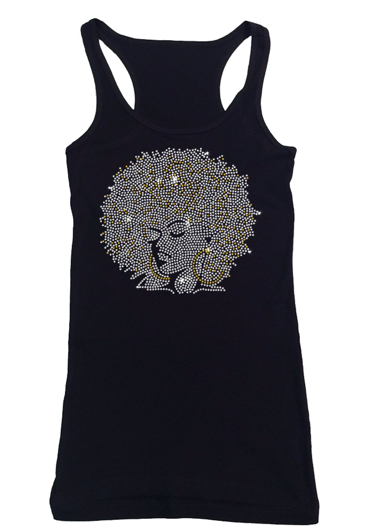 Womens T-shirt with Afro Girl With Gold Hoops in Rhinestones