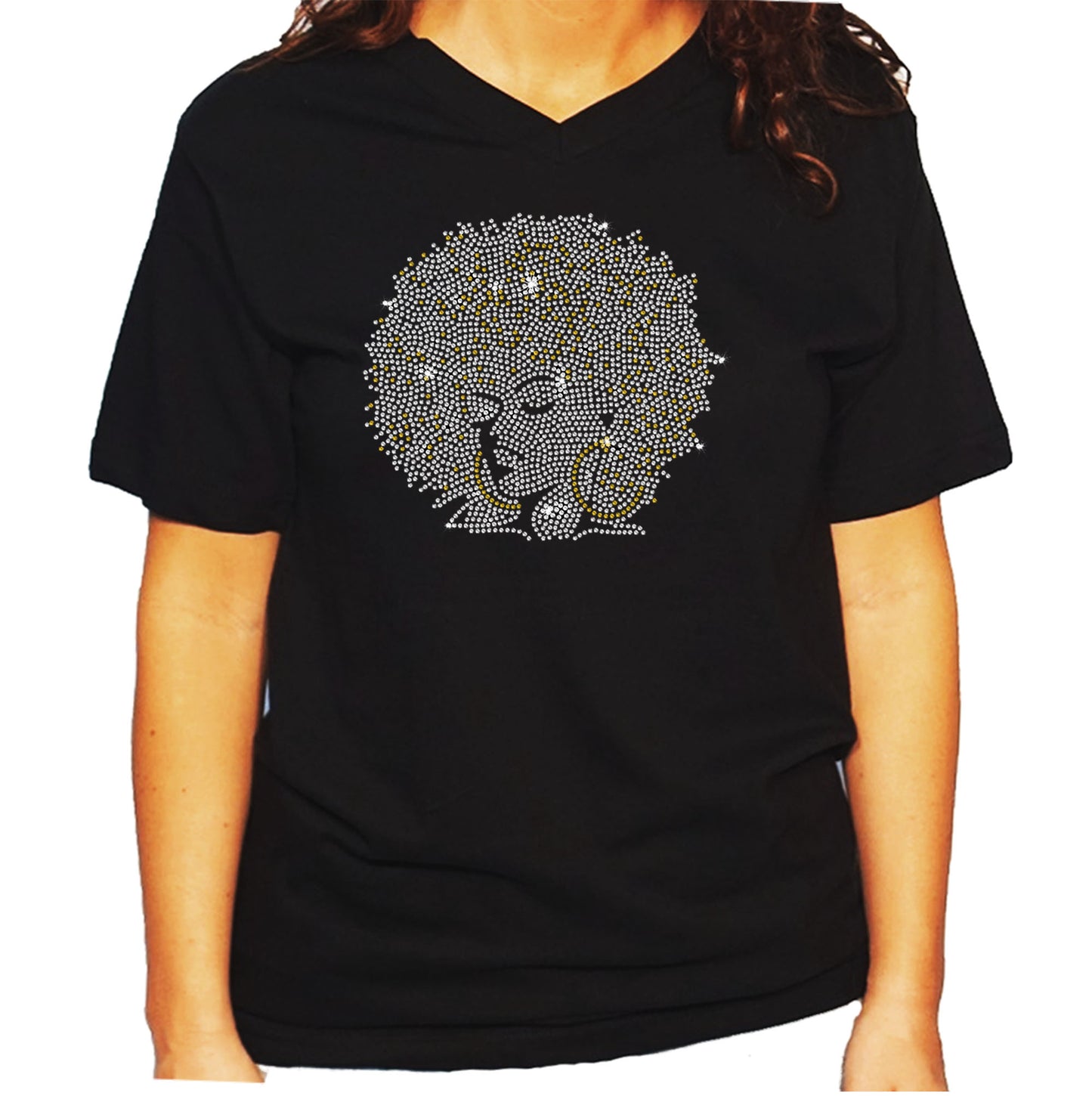Women's / Unisex T-Shirt with Afro Girl With Gold Hoops in Rhinestones