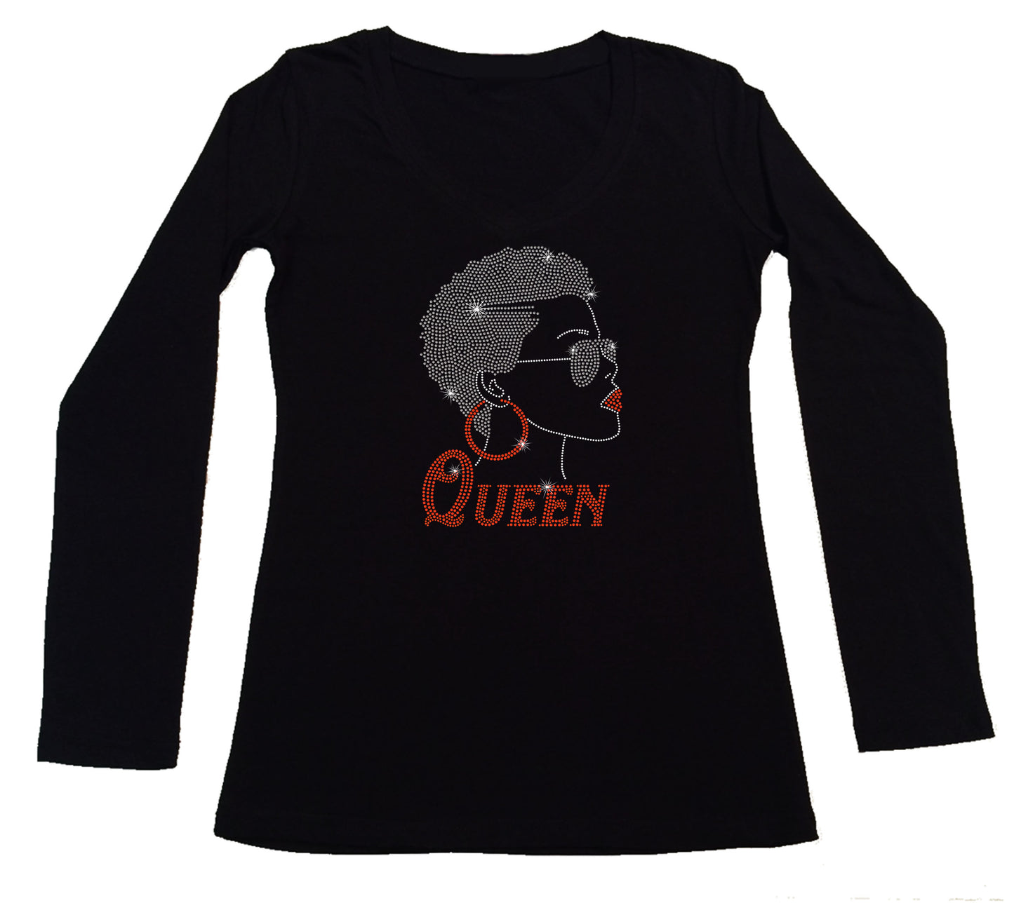 Women's Rhinestone Fitted Tight Snug Shirt Afro Girl with Short Hair and Glasses - Hoop Earrings, Queen