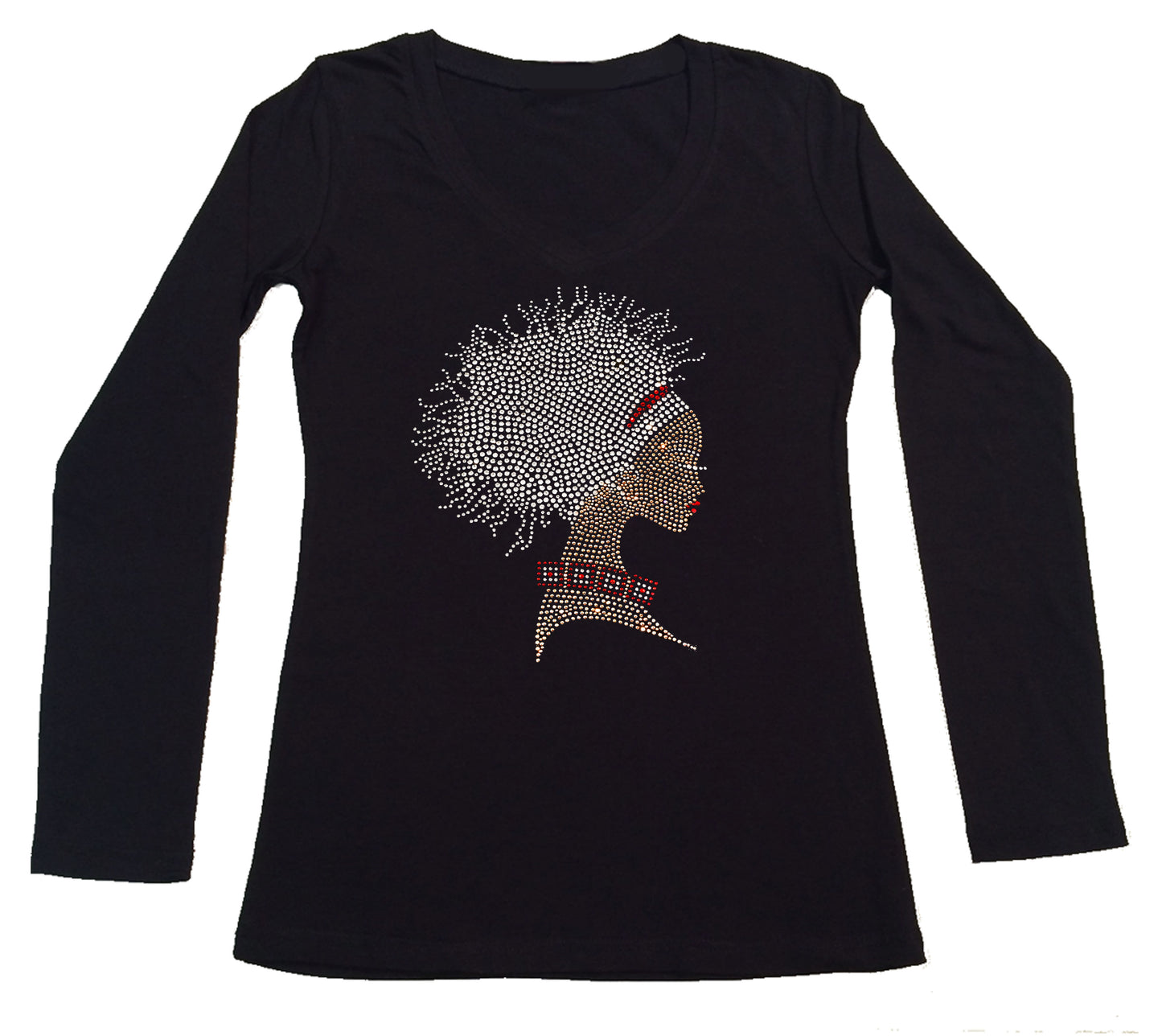 Womens T-shirt with Afro Dreds Locks Girl in Rhinestones