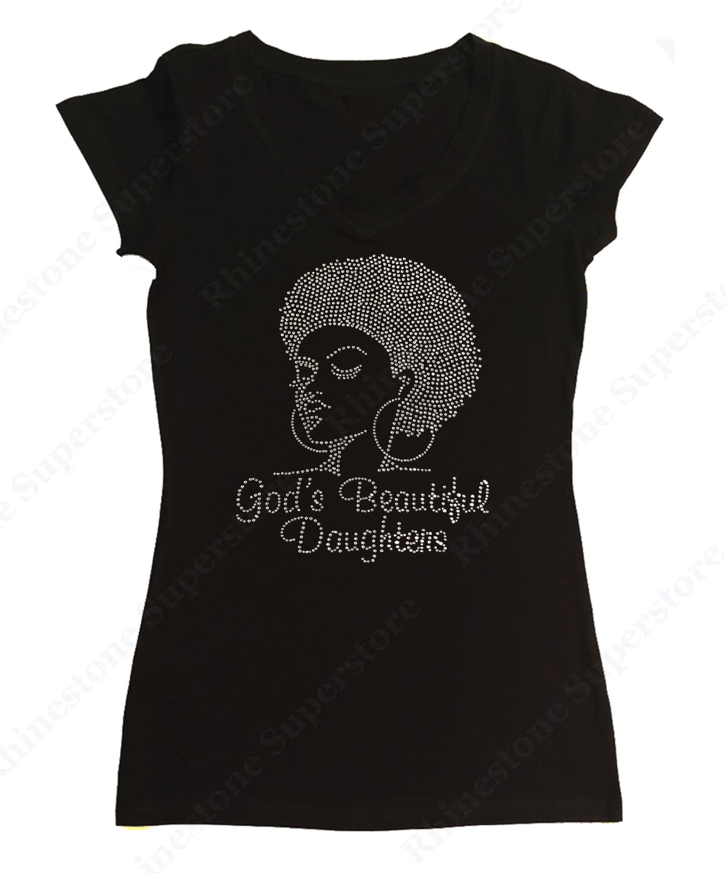 Womens T-shirt with Afro Girl with God's Beautiful Daughters in Rhinestones