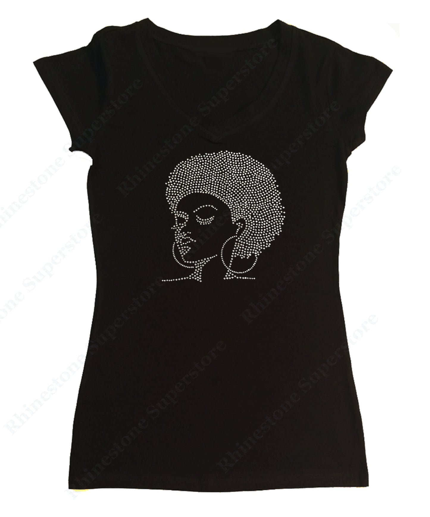 Womens T-shirt with Afro Girl with Hoop Earrings in Rhinestones