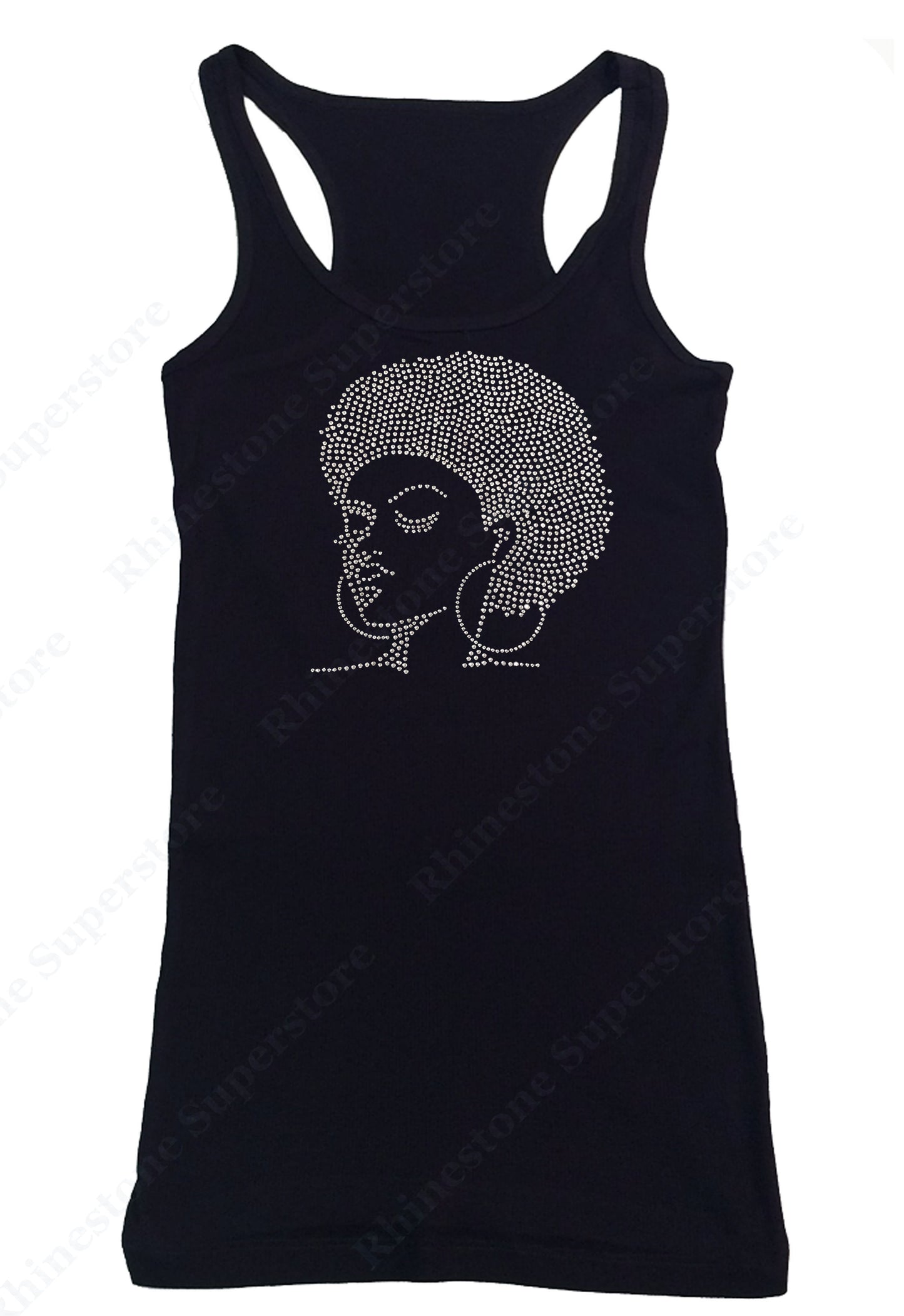 Womens T-shirt with Afro Girl with Hoop Earrings in Rhinestones