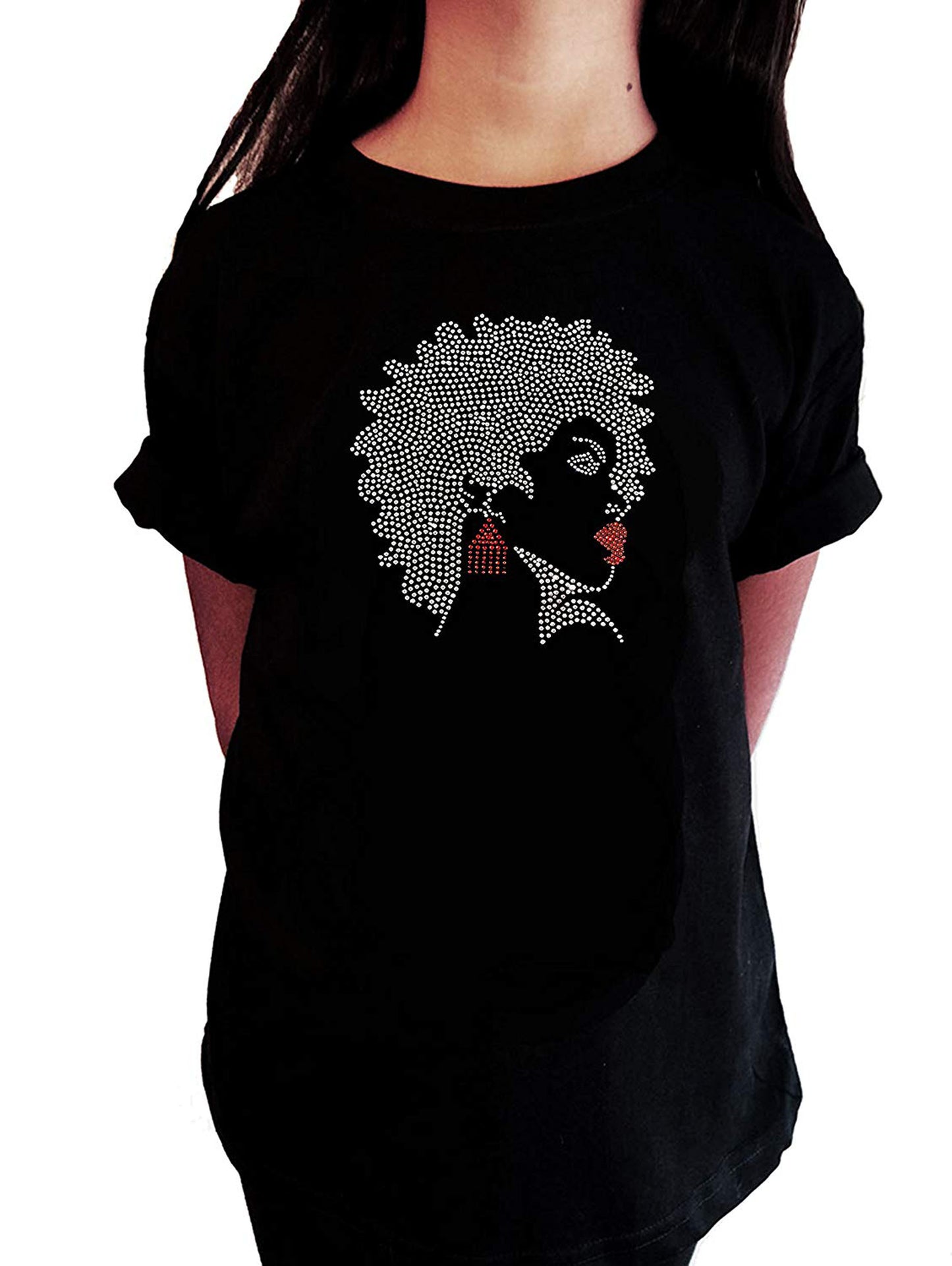 Afro Girl with Red Earrings and Lipstick in Rhinestones