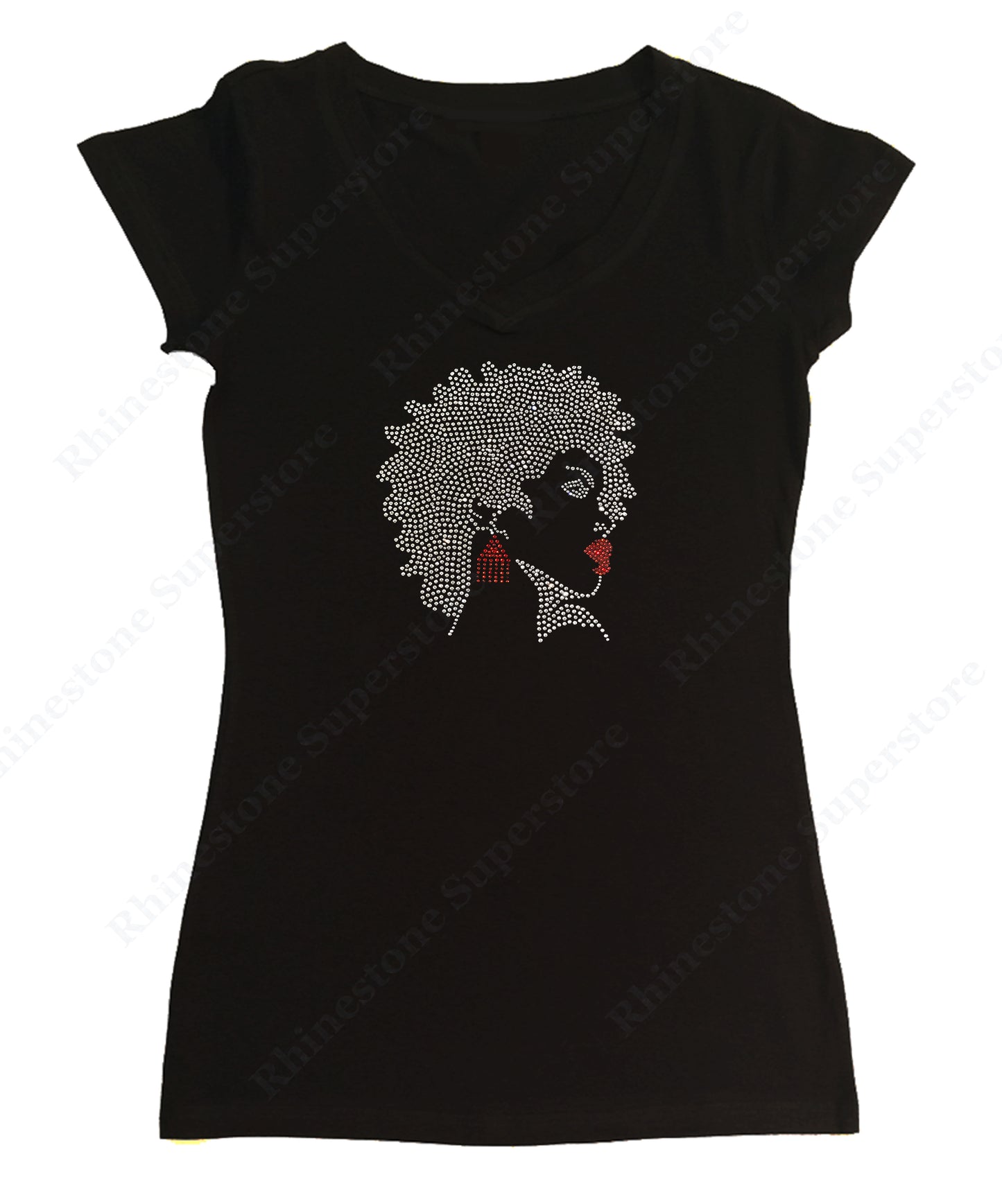 Afro Girl with Red Earrings and Lipstick in rhinestones women