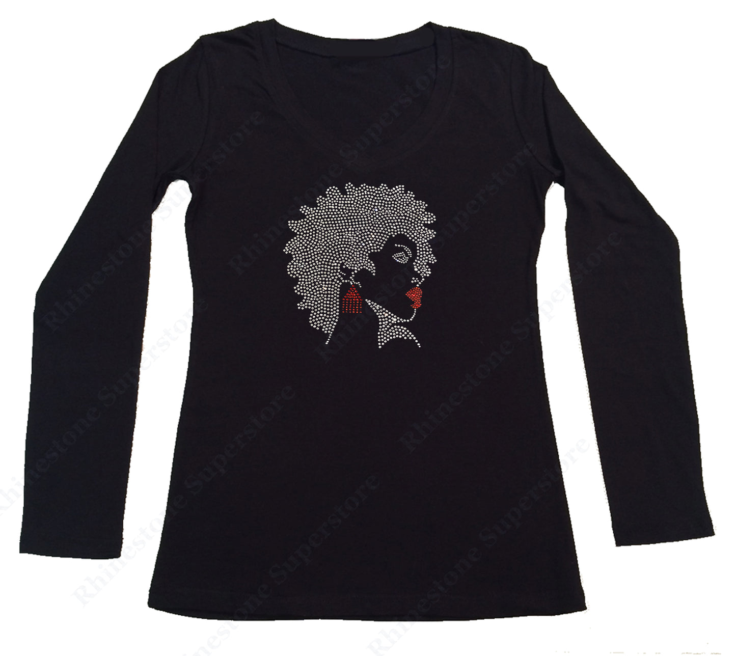 Womens T-shirt with Afro Girl with Red Earrings and Lipstick in Rhinestones