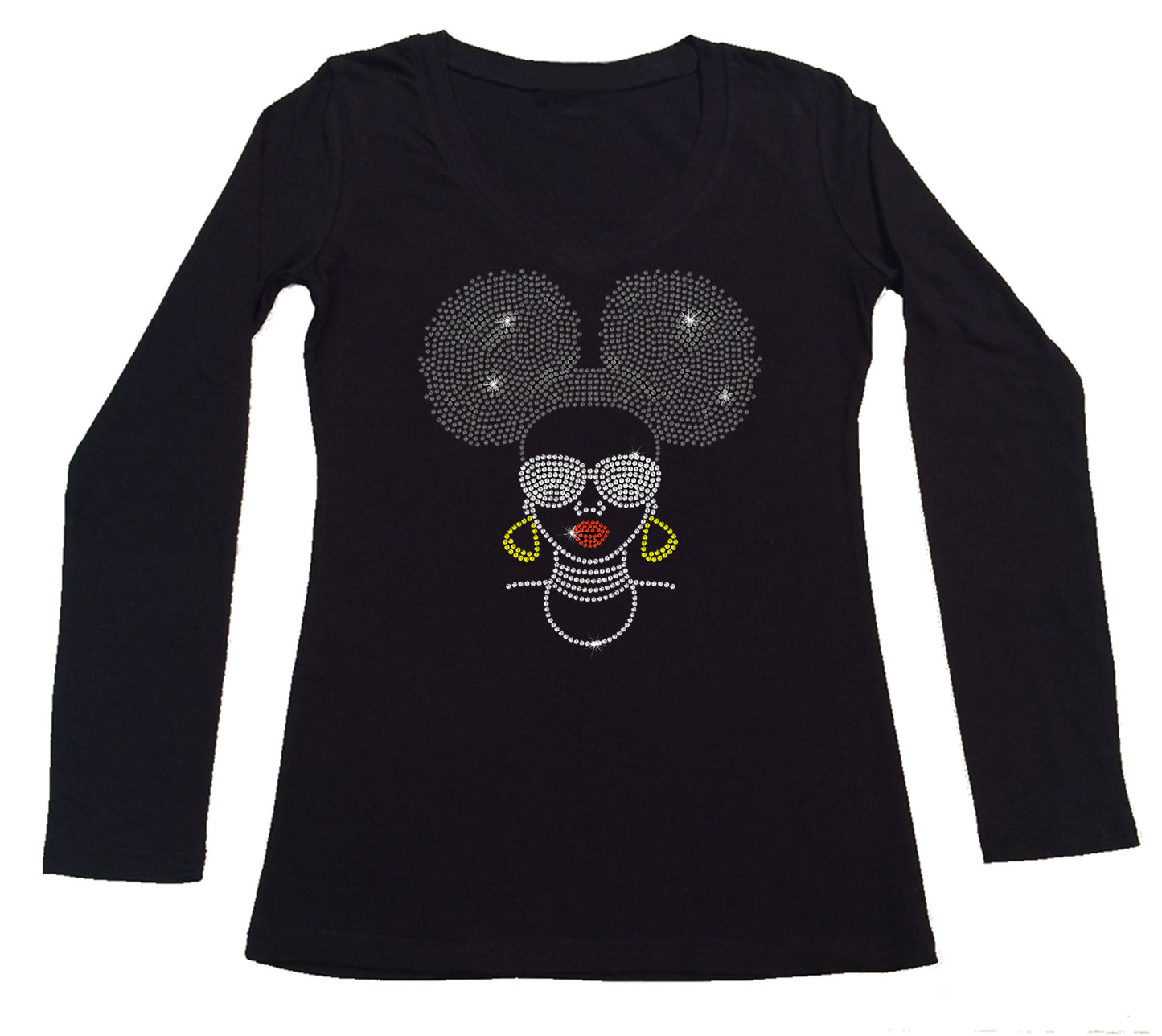 Womens T-shirt with Afro Puff Girl with Glasses in Rhinestones