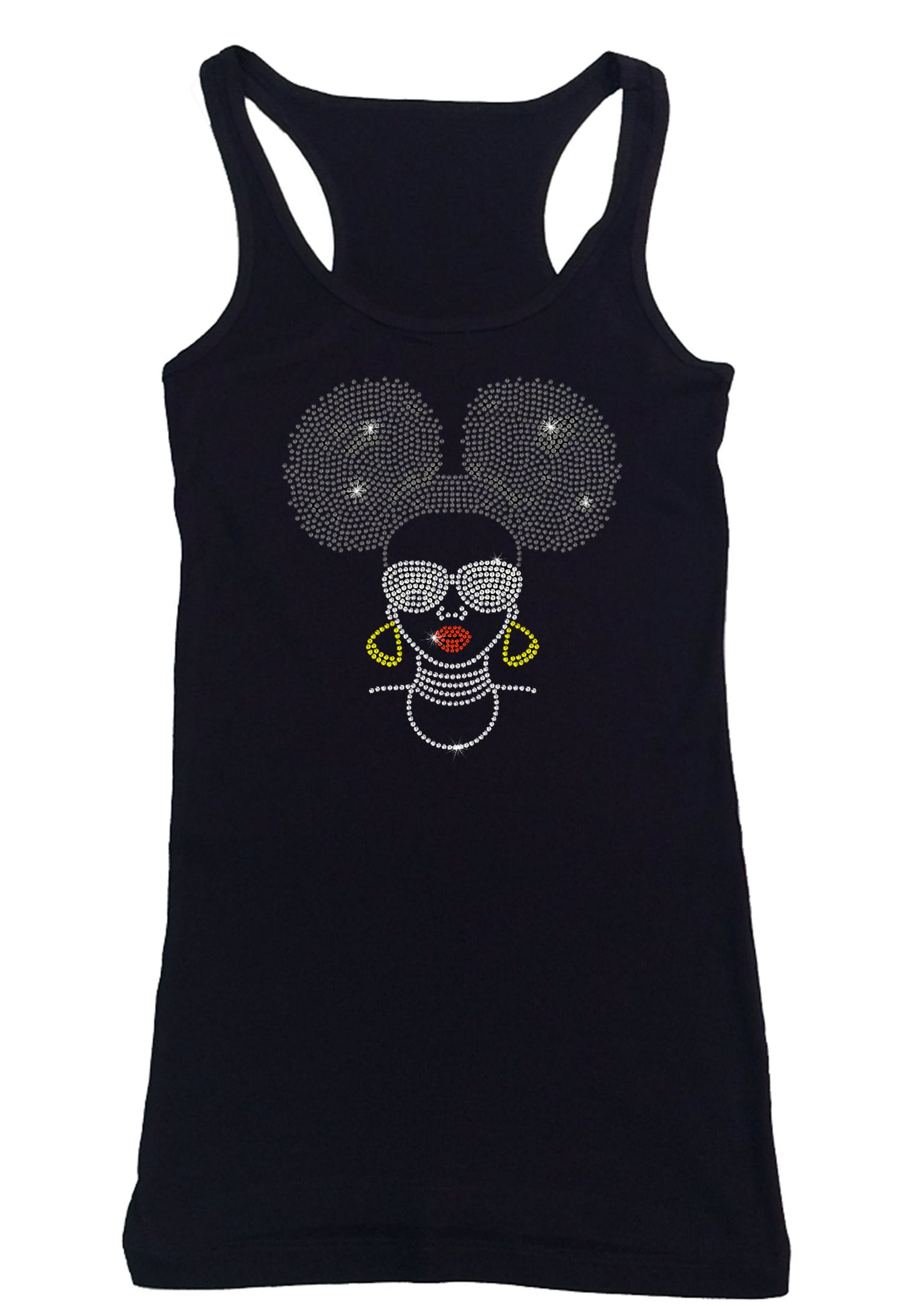 Womens T-shirt with Afro Puff Girl with Glasses in Rhinestones