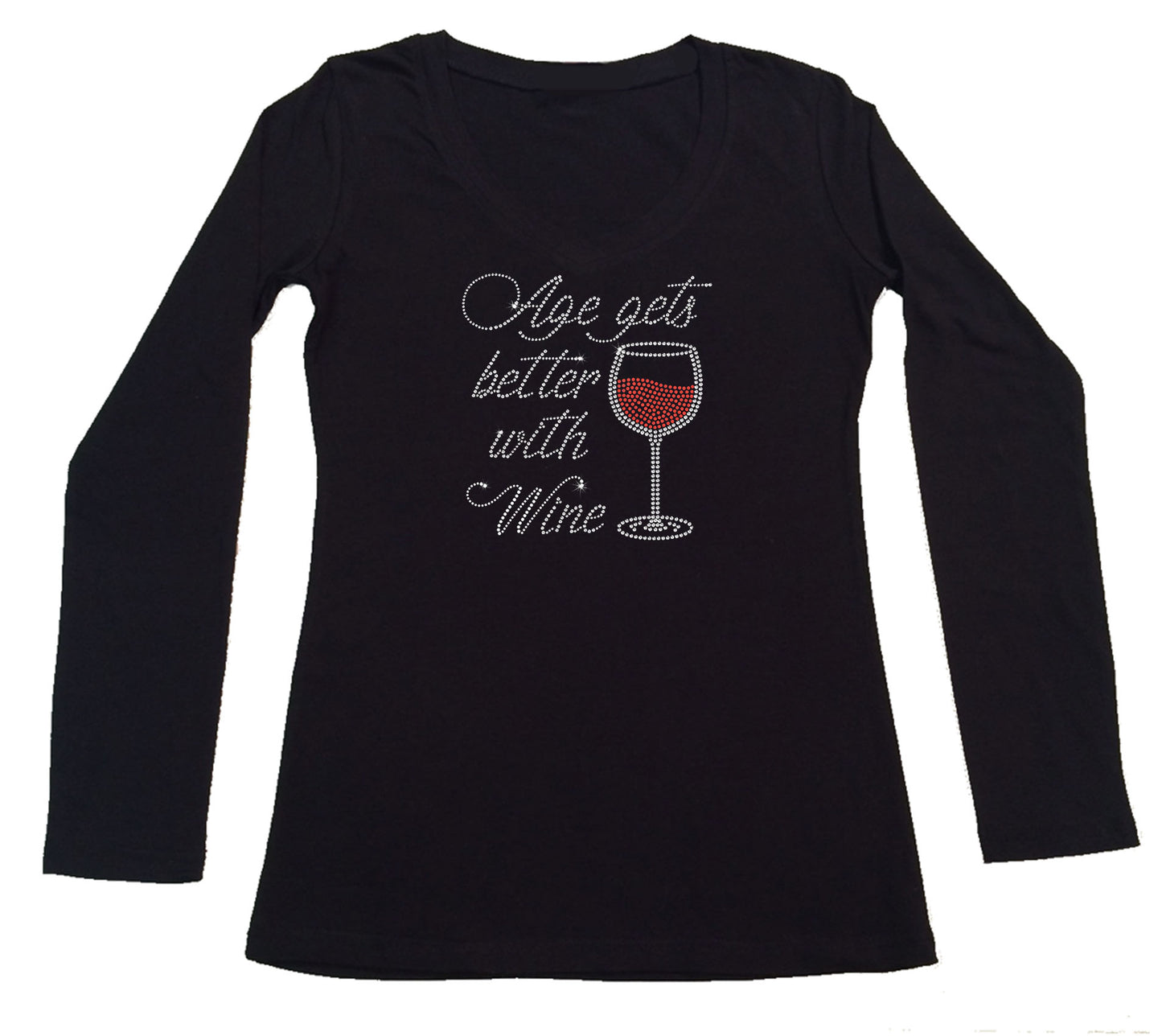 Womens T-shirt with Age gets better with Wine in Rhinestones