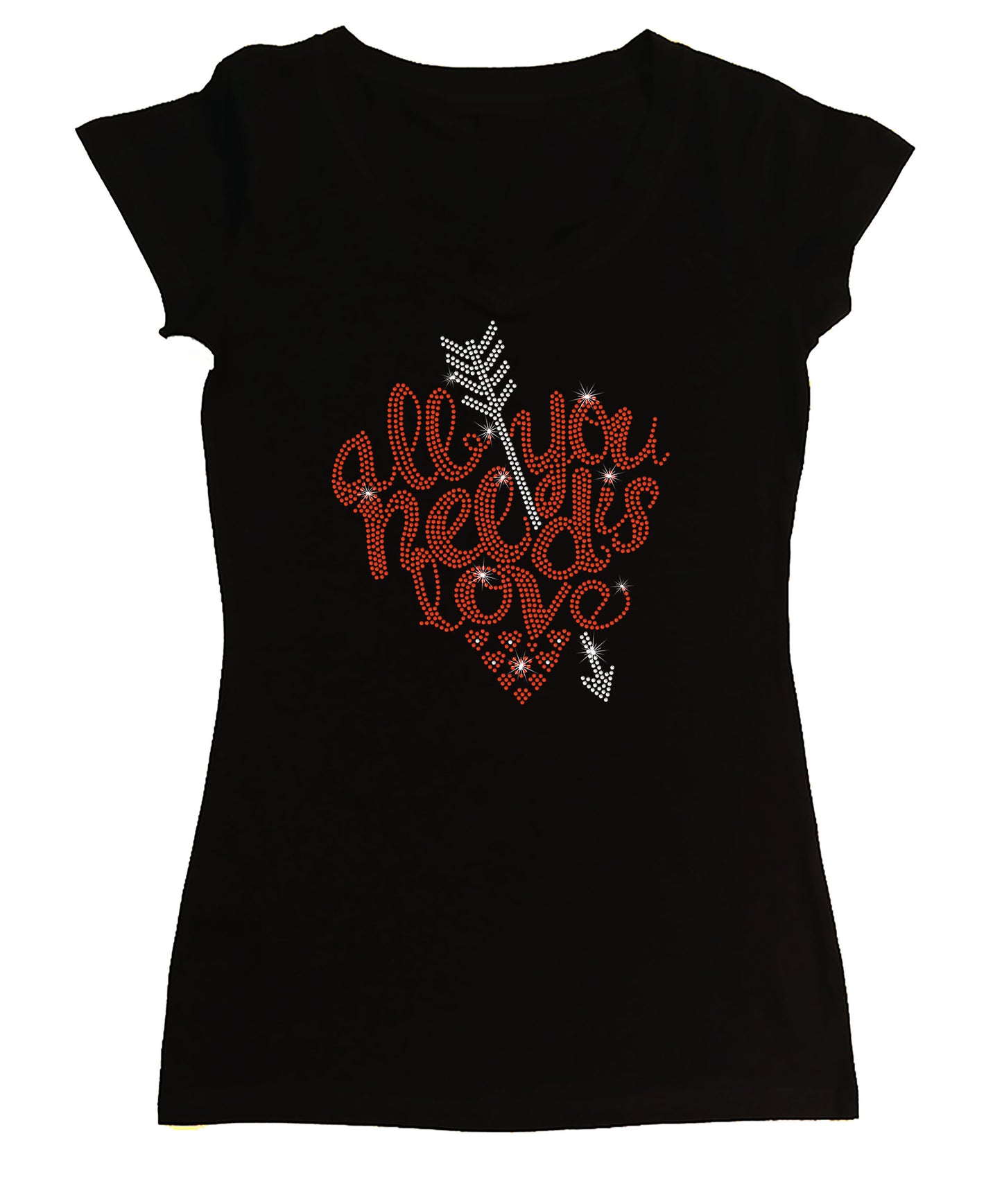 Women's Rhinestone Fitted Tight Snug Shirt All You Need is Love - Heart with Arrow, Valentines Shirt