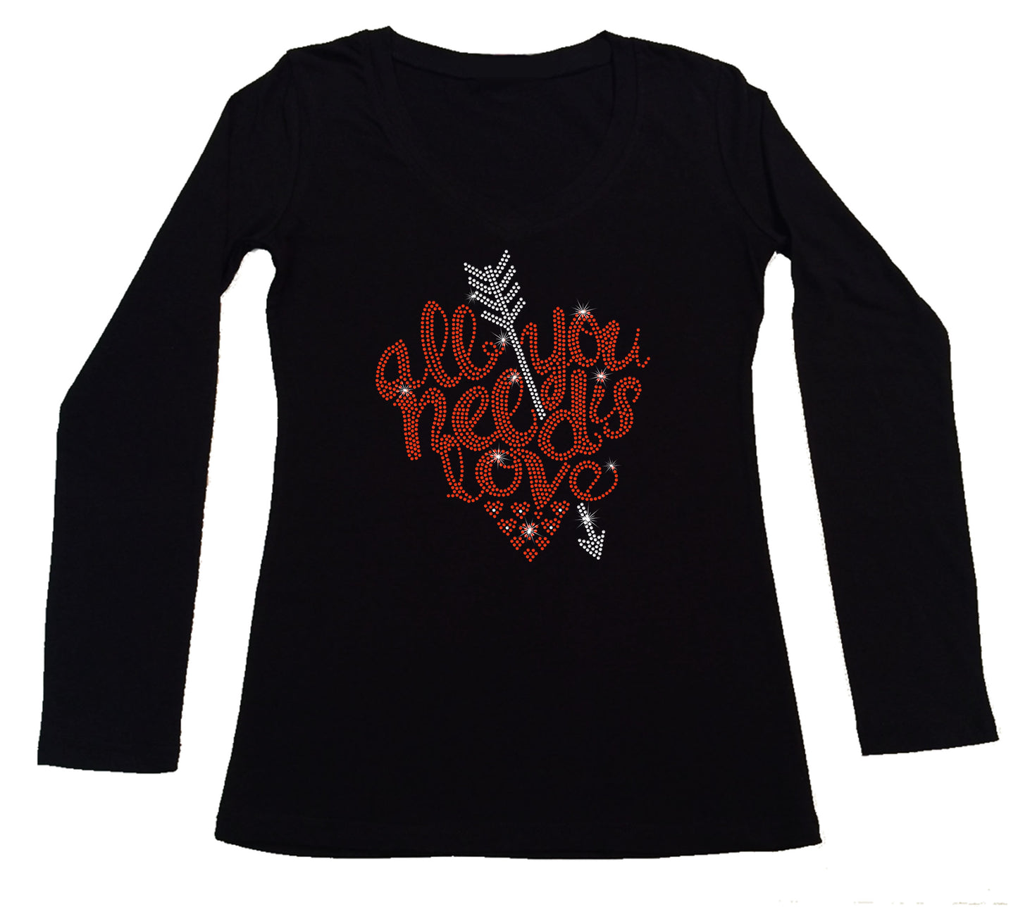Women's Rhinestone Fitted Tight Snug Shirt All You Need is Love - Heart with Arrow, Valentines Shirt
