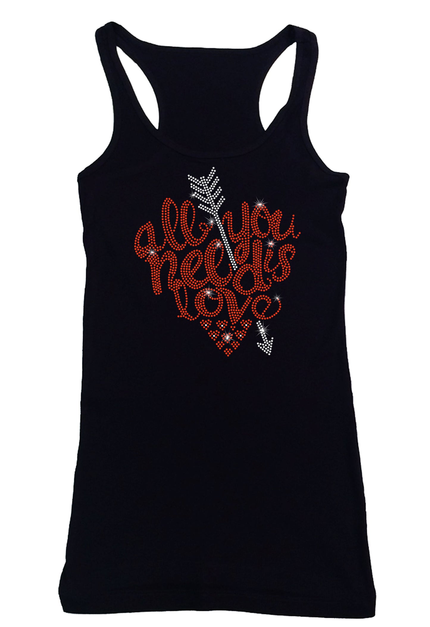 Women's Rhinestone Fitted Tight Snug Shirt All You Need is Love - Heart with Arrow, Valentines Shirt