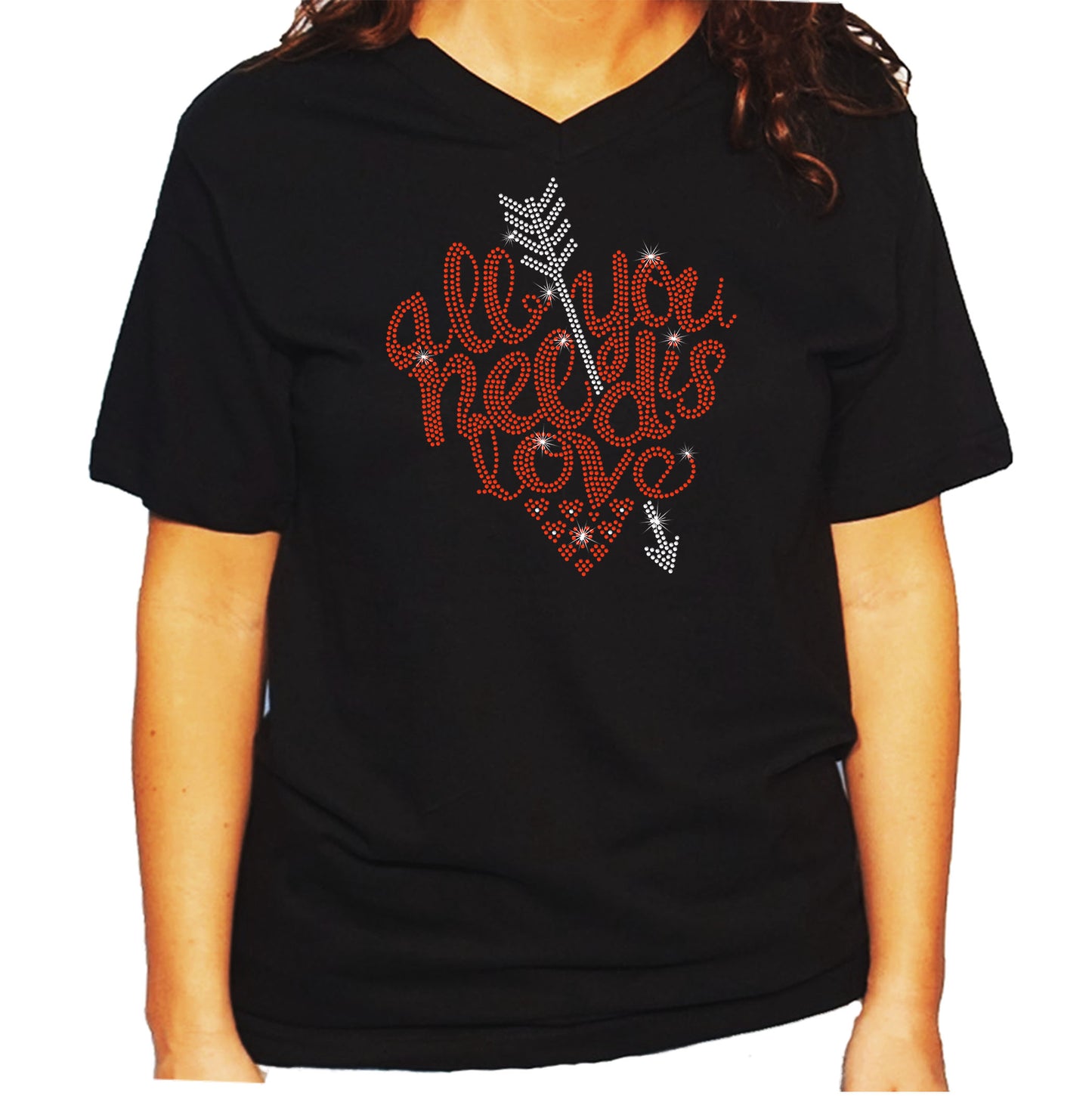 Women's/Unisex Rhinestone T-Shirt with All You Need is Love - Heart with Arrow, Valentines Shirt