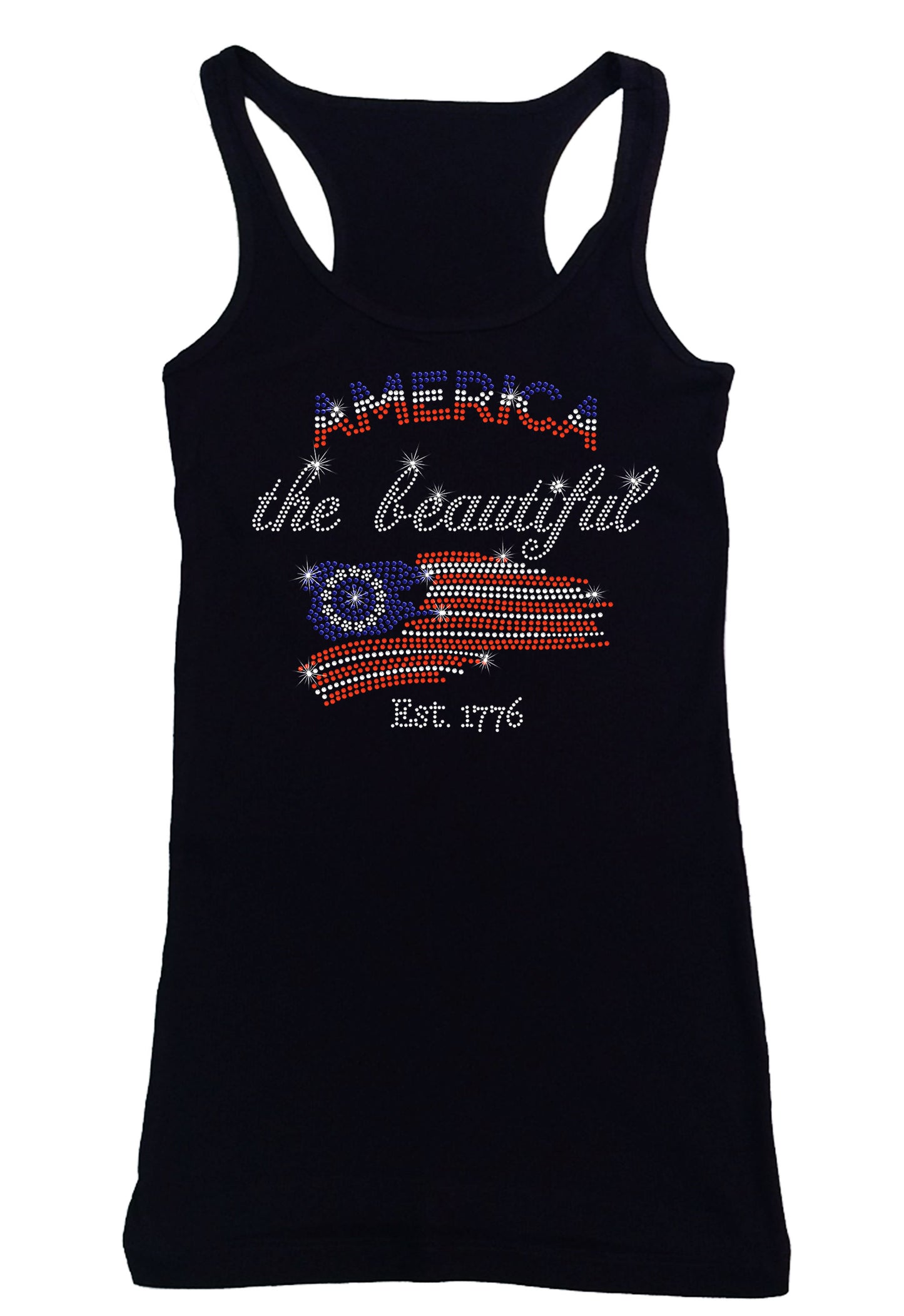 Women's Rhinestone Fitted Tight Snug America The Beautiful - in Red, White & Blue, Patriotic Shirt, 4th of July Shirt