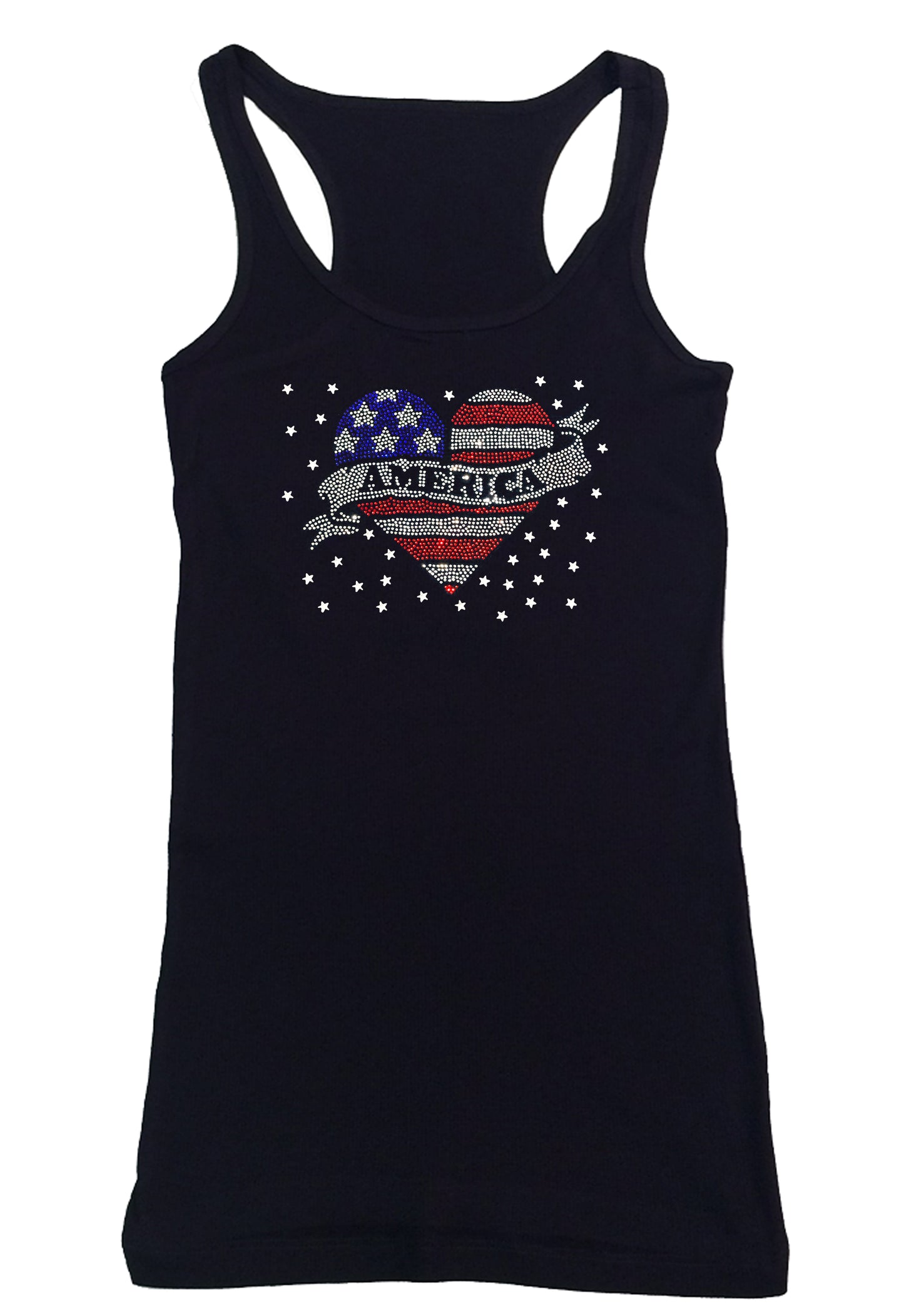 Womens T-shirt with America 4th of July Heart in Rhinestones