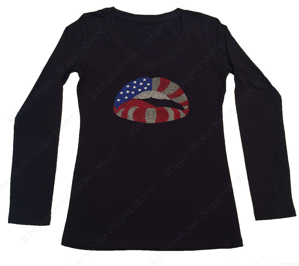 Womens T-shirt with American Flag Lips 4th of July in Rhinestuds