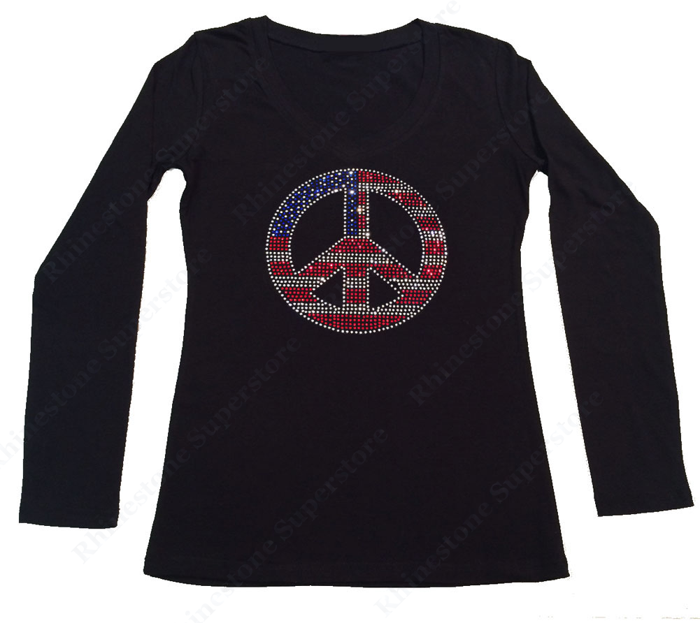 Womens T-shirt with American Flag Peace Sign 4th of July in Rhinestones
