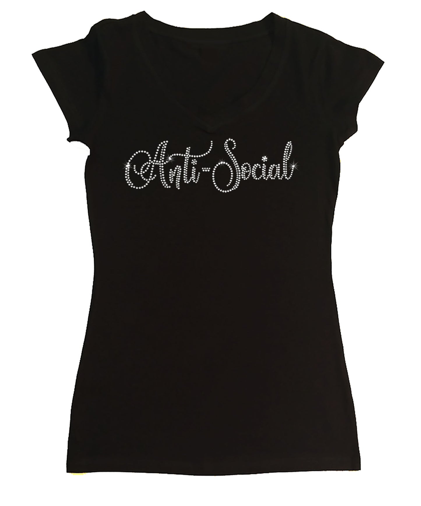 Womens T-shirt with Anti-Social in Rhinestones