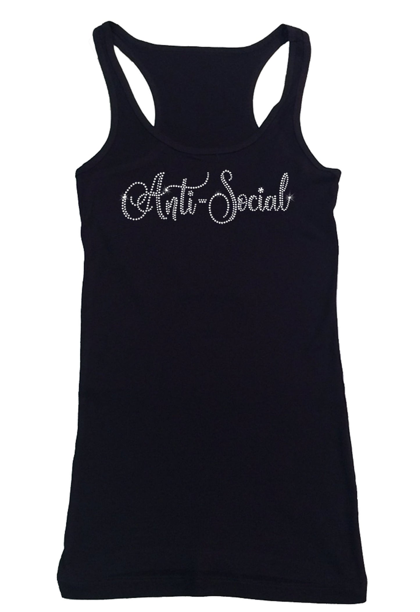 Womens T-shirt with Anti-Social in Rhinestones