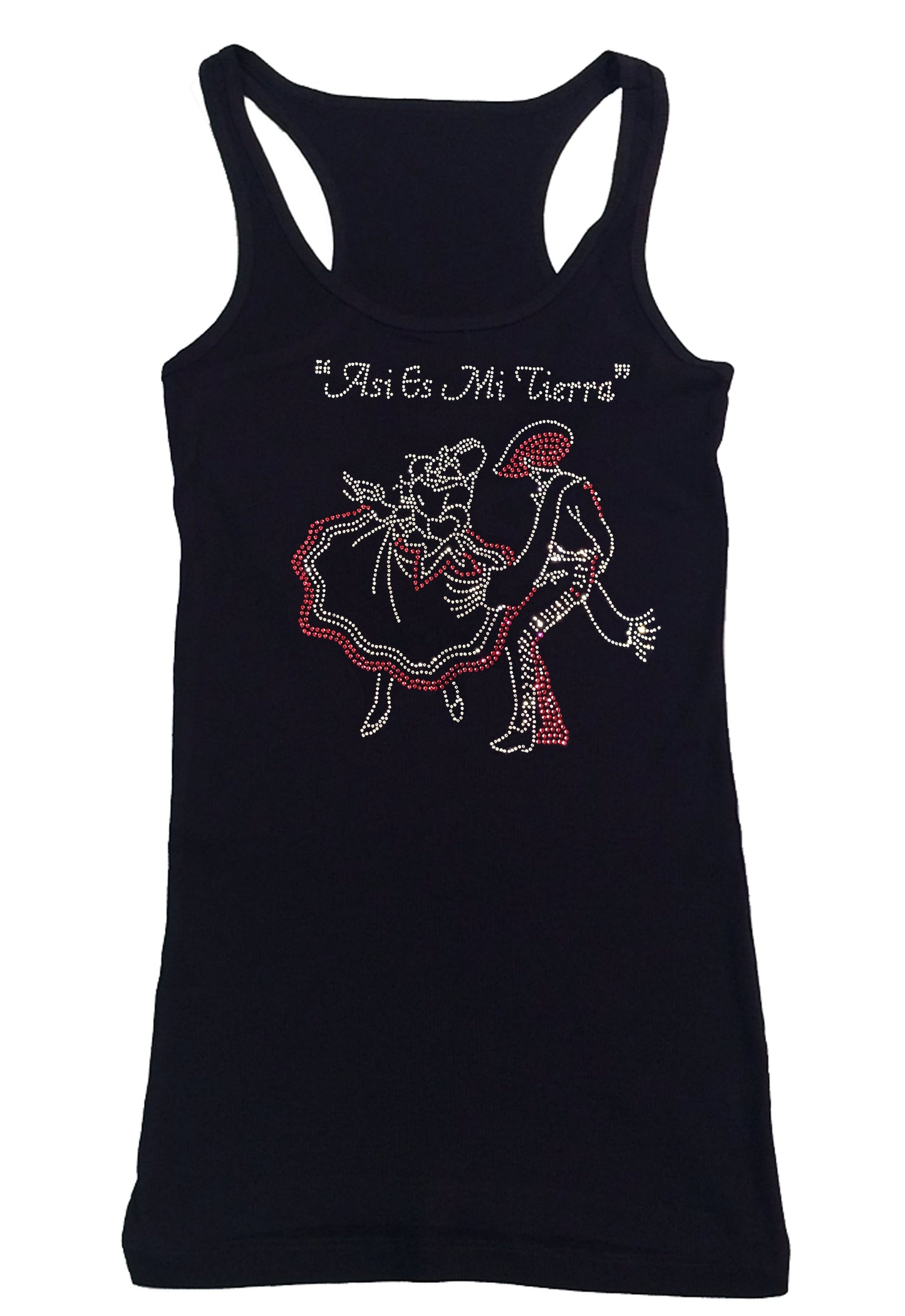 Womens T-shirt with Asi Es Mi Tierra Folklorico in Rhinestones