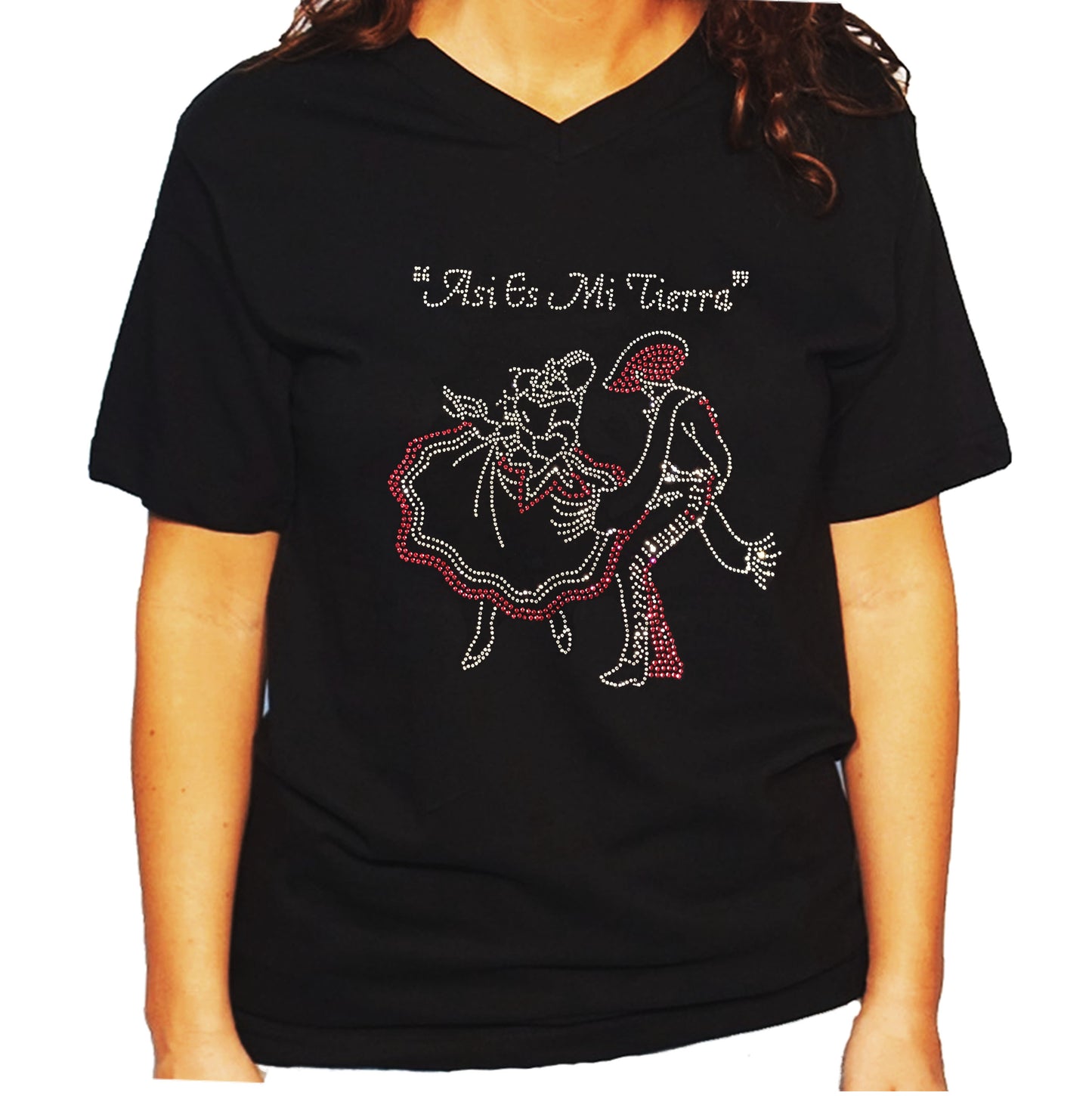 Women's / Unisex T-Shirt with Asi Es Mi Tierra Folklorico in Rhinestones