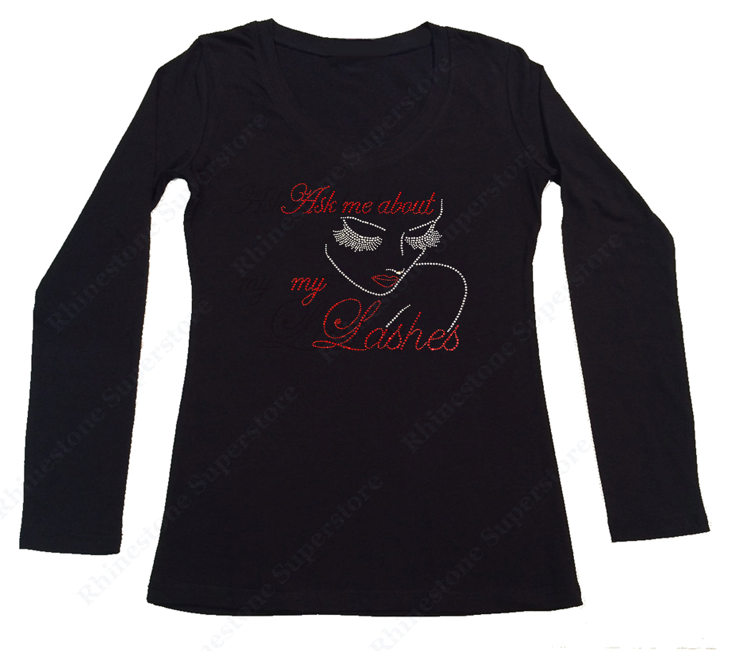 Womens T-shirt with Ask Me About My Lashes Face in Rhinestones