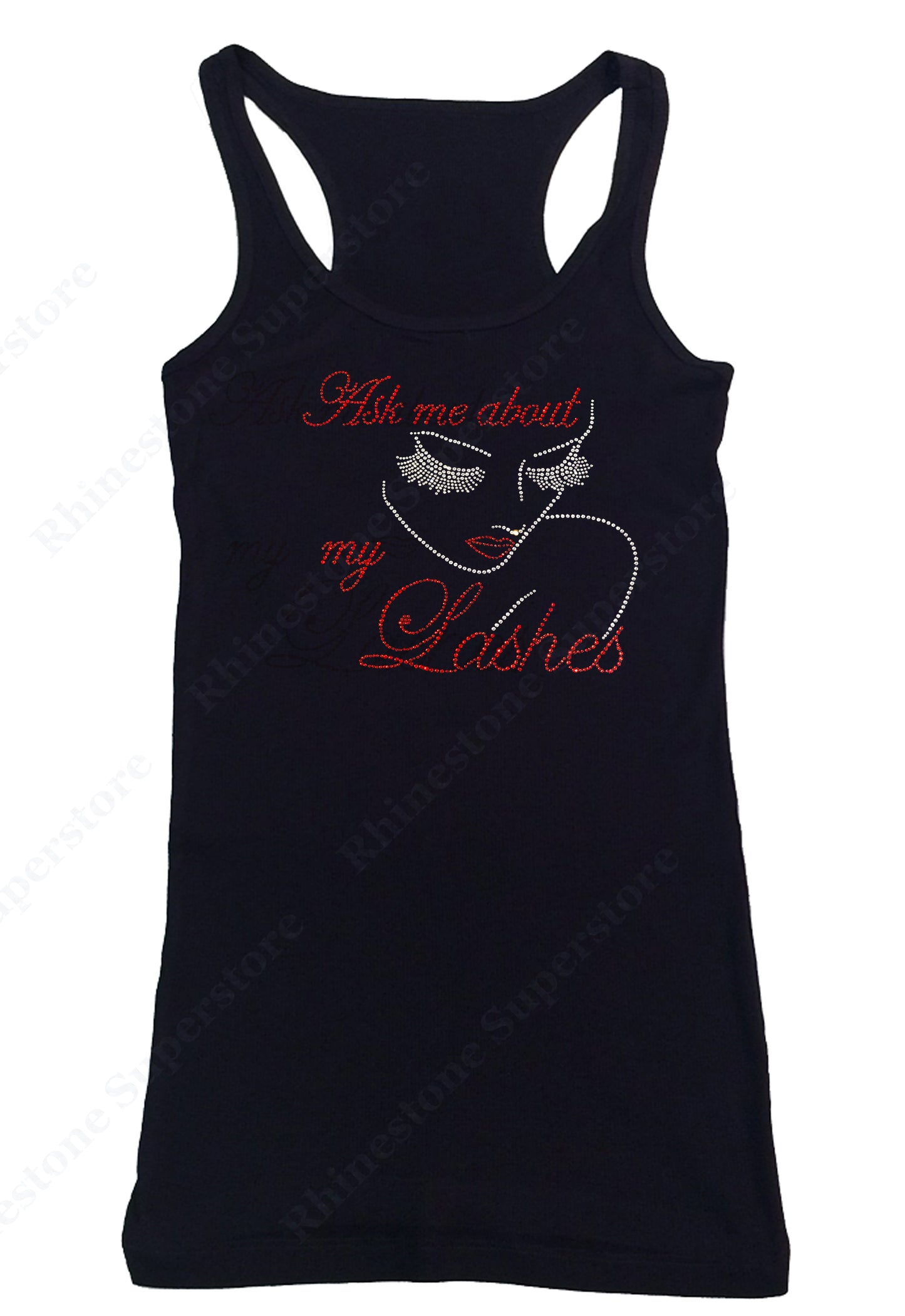 Womens T-shirt with Ask Me About My Lashes Face in Rhinestones