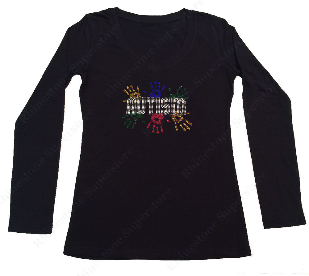 Womens T-shirt with Autism Awareness with Handprints in Rhinestones