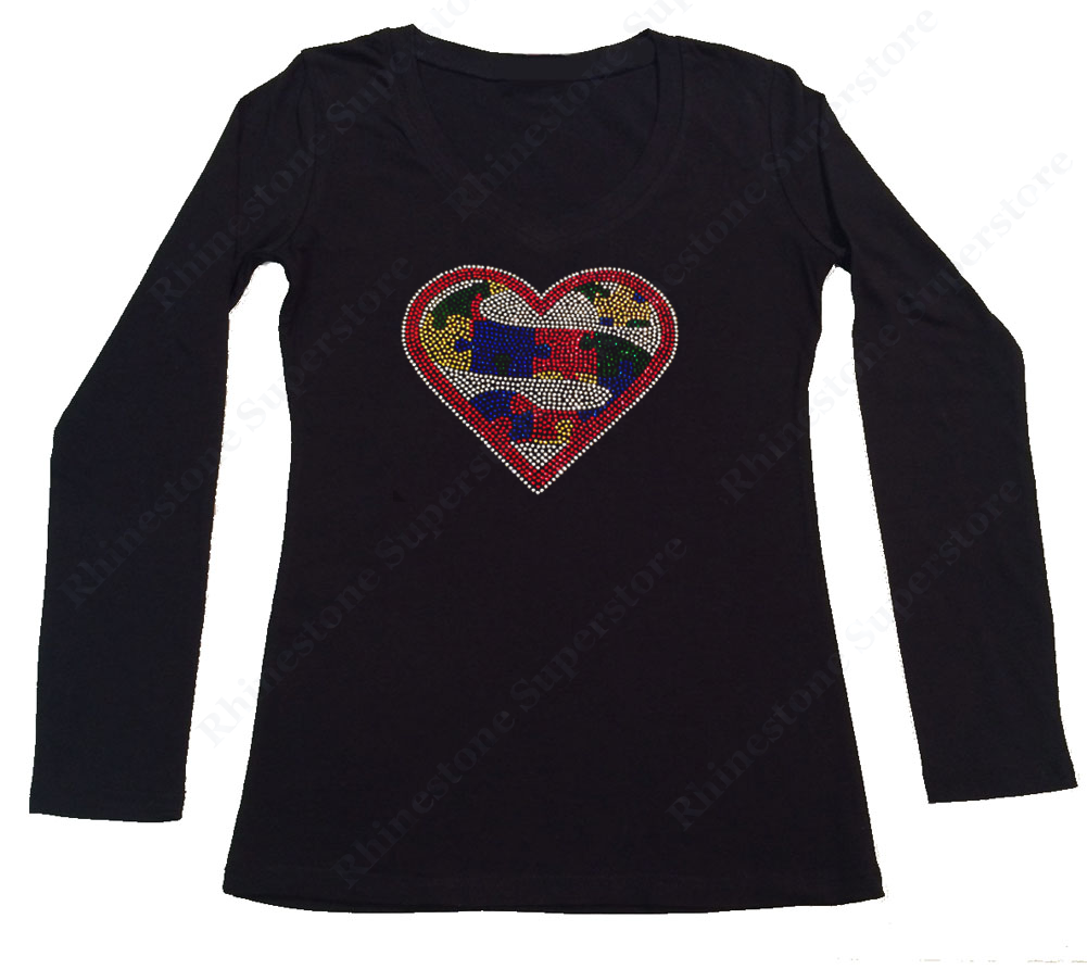 Womens T-shirt with Autism Super Heart in Rhinestones