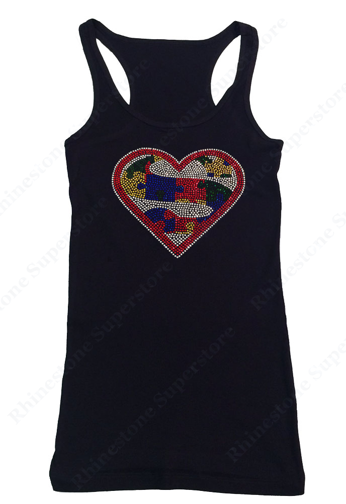 Womens T-shirt with Autism Super Heart in Rhinestones