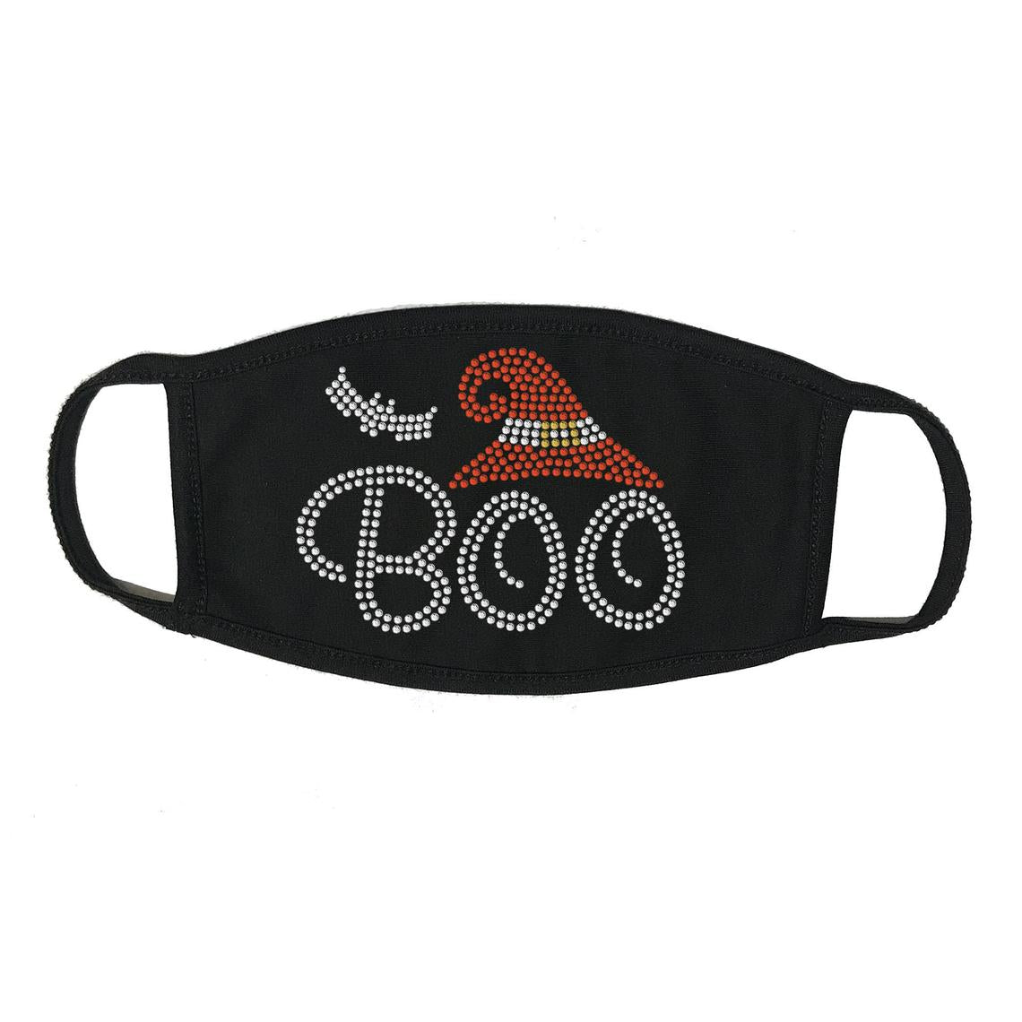 Rhinestone Embellished Black Face Mask with BOO with Witch Hat and Bat