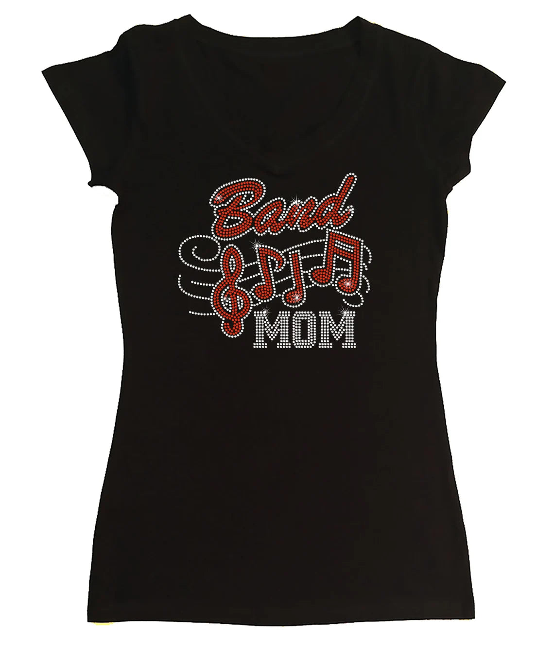 Women's Rhinestone Fitted Tight Snug Band Mom & Music Notes - Band Shirt