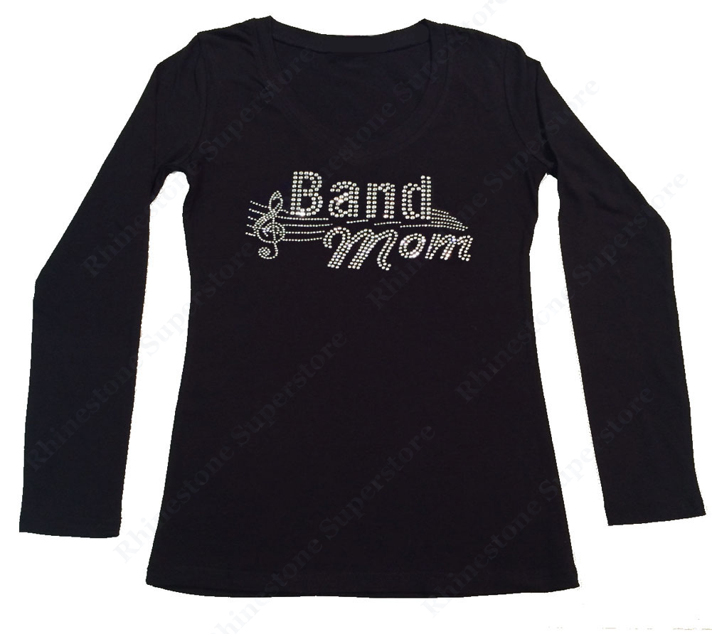 Womens T-shirt with Band Mom in Rhinestones