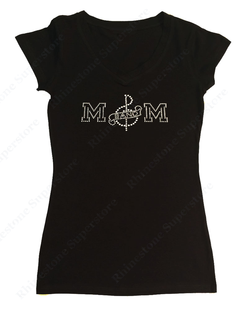 Womens T-shirt with Band Mom with Music Note in Rhinestones
