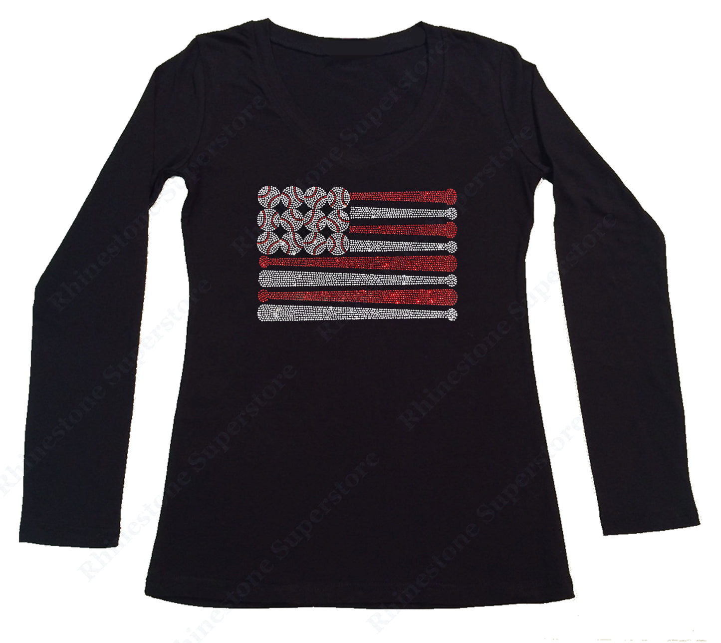 Womens T-shirt with Baseball Bats & Balls Flag in Rhinestones